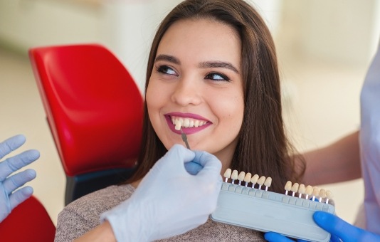 Dental patient's smile compared to porcelain veneer shade options