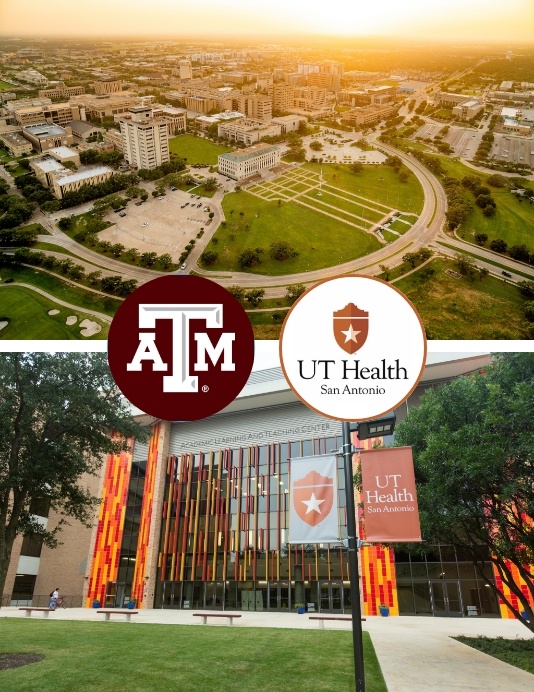 Outside view of dental school buildings and university logos