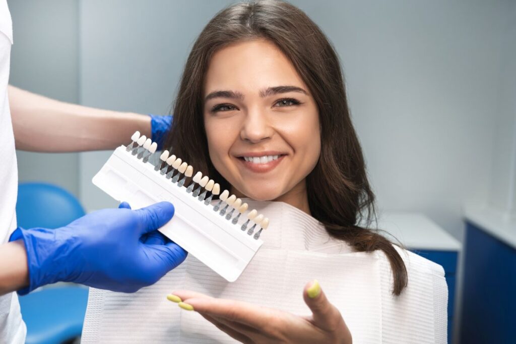 A woman getting veneers at the dentist