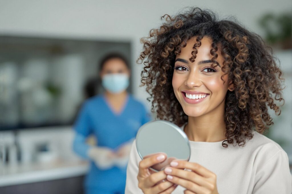 Patient smiling while holding small mirror