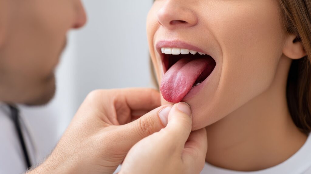 Nose-to-neck view of woman sticking tongue out for oral cancer screening